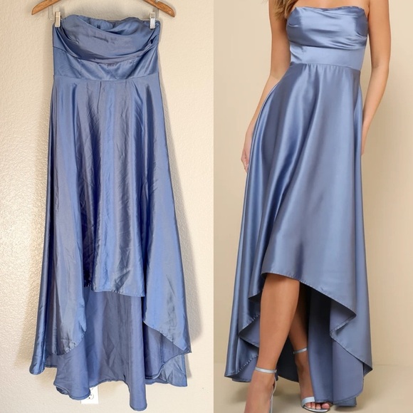 NWOT Outstanding Charm Slate Blue Satin Strapless High-Low Maxi Dress - Picture 1 of 9